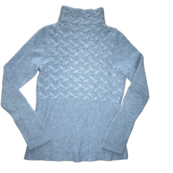 Forte Cashmere Baby Blue 100% Cashmere Mock Neck Cable Knit Sweater Size S - Picture 1 of 9